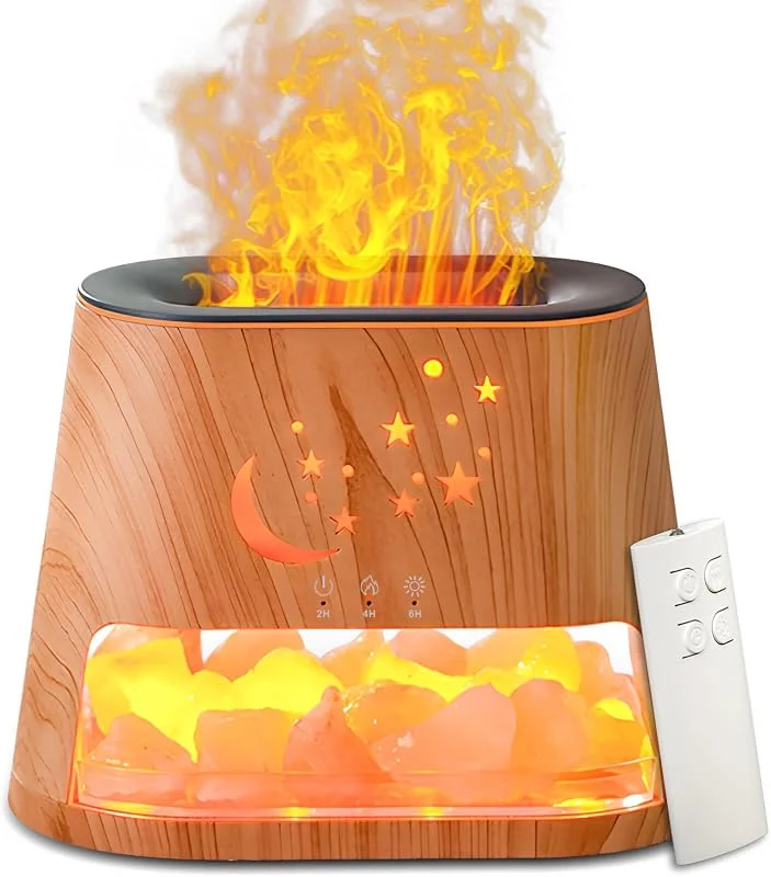 Aroma Diffuser mit Kristallsalz aus Salt Range Pakistan, 260 ml Humidifier 7 Farben Licht Flammeneffekt Luftbefeuchter für Ätherische Öle mit Timer, Fernbedienung für Schlafzimmer, Büro (Holz)