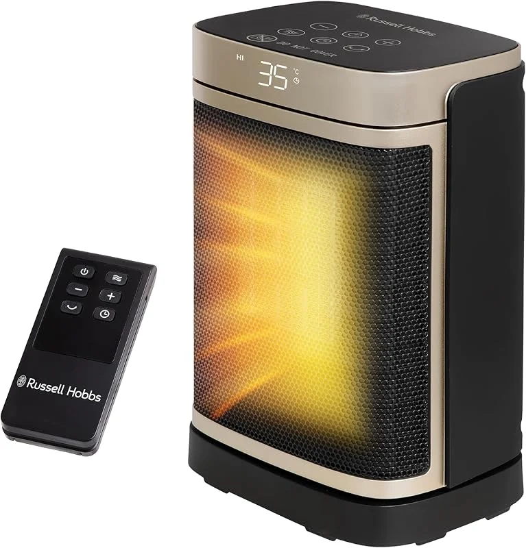 Russell Hobbs RHCH2001G Raumheizstrahler in Schwarz & Gold, 1500 W, leise, tragbare oszillierende Keramik-Elektroheizung, Niedrigenergie-Digitalanzeige, 4 Modi, 24-Stunden-Auto-Timer — Heizung Warmepumpe