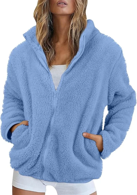 Fleecejacke Damen Stehkragen Teddyjacke Reißverschluss Plüschjacke Frauen Freizeit Kuscheljacke Flauschig Jacke Winter Einfarbig Winterjacke Damen Warm Dicke Elegant Mantel Weich Bequem — Heizkleidung