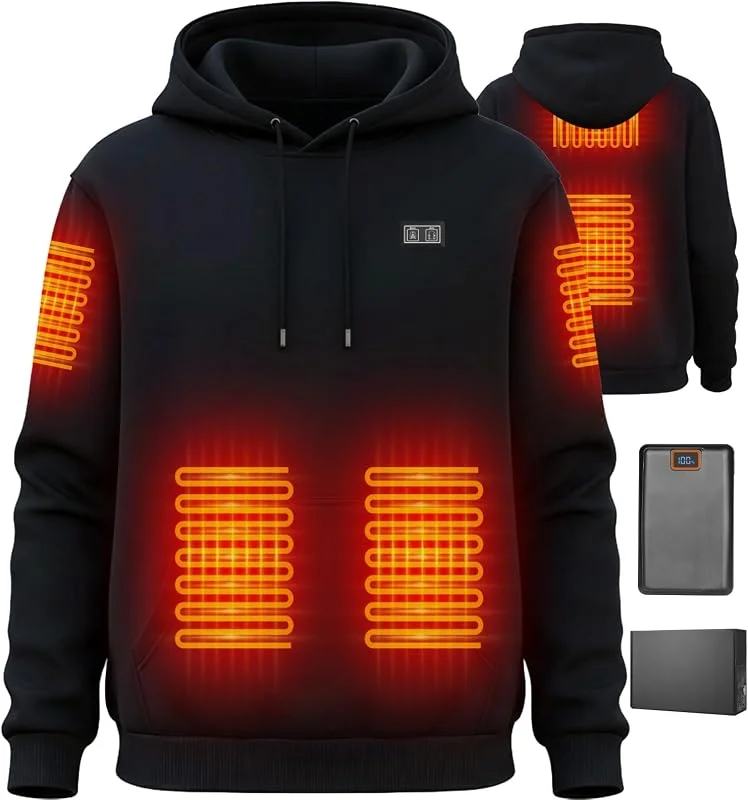 Reißverschluss Pullover Beheizbarer Hoodie mit Fleecefutter für Herren & Damen, 7.4V 20000mAh Akku - 6-Zonen Smart Heizjacke, 3 Heizstufen für Outdoor, Camping, Wandern — Heizkleidung