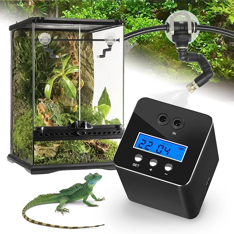Reptilien-Nebelsystem, Reptilien-Luftbefeuchter für Terrarien, Auto-Zerstäuber mit 2 Sprühdüsen für Reptilien, Schlangen, Frösche, Pflanzen