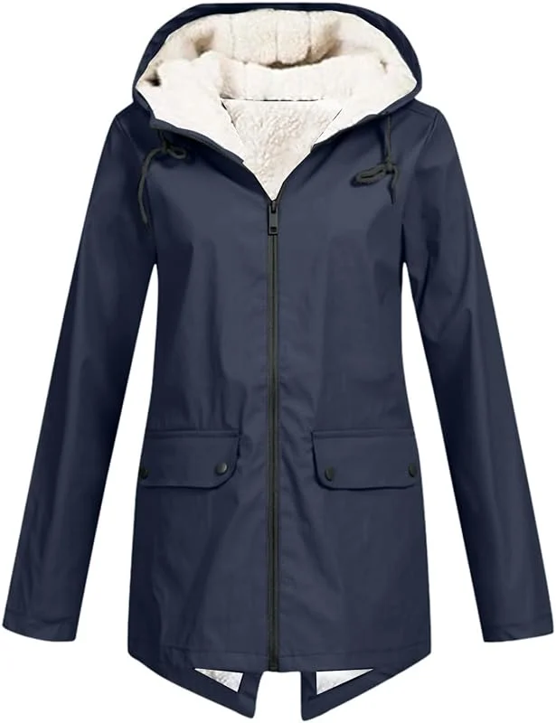 Gefütterte Regenjacke Damen Warm Teddyfleece Winterjacke Damen Grosse Grössen Regenmantel Damen Wasserdicht mit Kapuze Softshelljacke Große Größen Dicke Jacke Winter Übergangsjacke Lang — Heizkleidung
