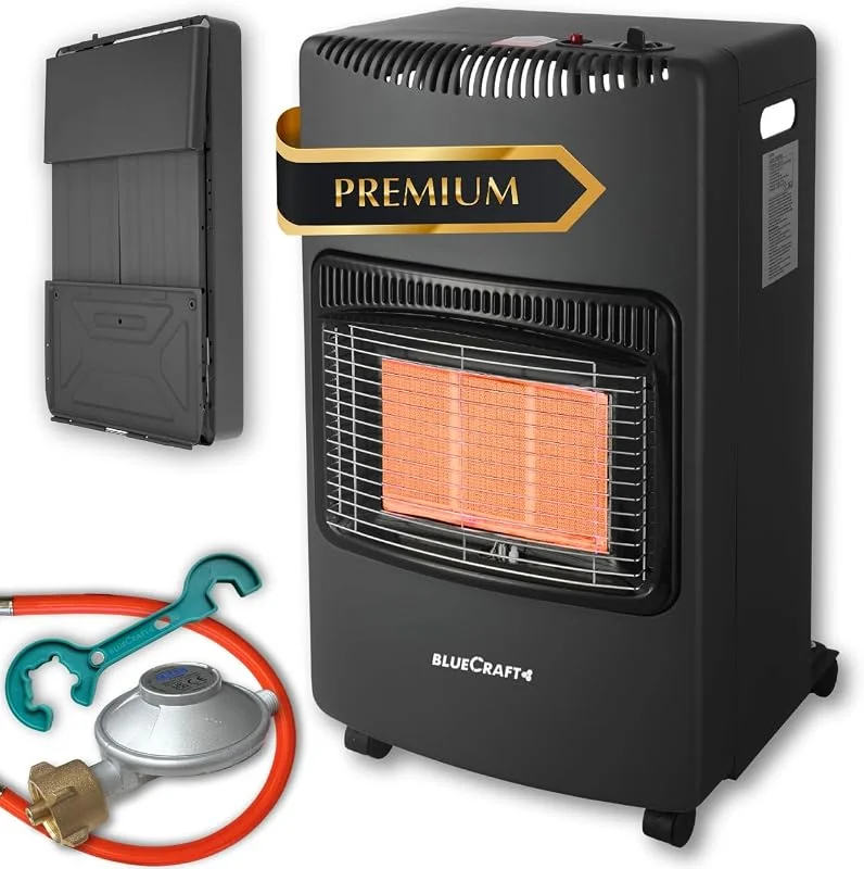 Gas-Ofen Heizofen Infrarot Heizstrahler 4, 2 kW Camping-Heizung für Propangas-Kleinflaschen inkl. Schlauch, Gasregler, Lecksuchspray mit Gas-Füllstandsanzeige und Gasregler- und Schlauchlöser — Heizung Warmepumpe