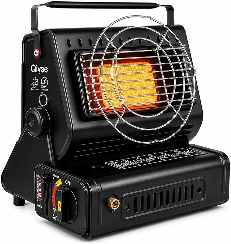 2-in-1 Gasheizung Camping, Tragbarer Gasheizer mit Kochfunktion, 1, 7 kW Butan Keramik Heizstrahler, Stufenlose Temperaturregelung, Outdoor Indoor Heizgerät, Schwarz — Heizung Warmepumpe