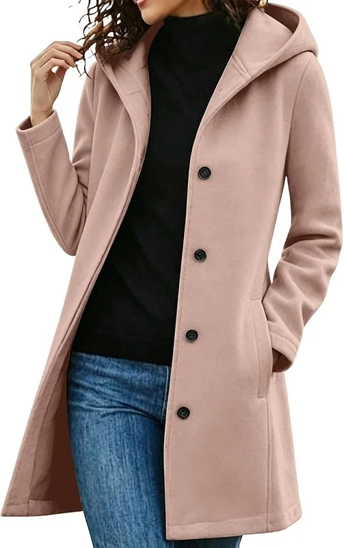 Wollmantel Damen Winter Mit Kapuze Wintermantel Mittellang Trenchcoat — Heizkleidung