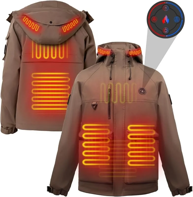 Beheizbare Herrenjacke, Beheizbare Jacke mit 12000mAh 7.4V Akku - Wasserdicht, Winddicht, 6 Einstellbare Heizzonen & 3 Heizstufen - für Skifahren, Camping, Angeln - Abnehmbare Kapuze — Heizkleidung