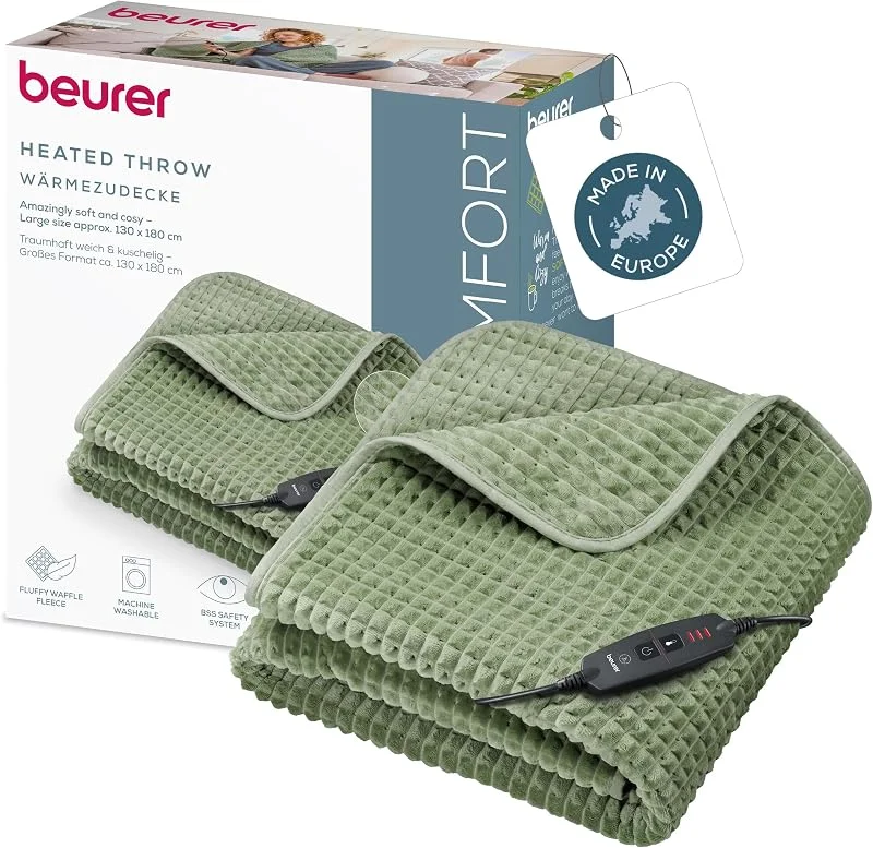 Beurer Heizdecke Waffle Sage Green, leichte Wärmedecke Made in Europe — Heizung Warmepumpe