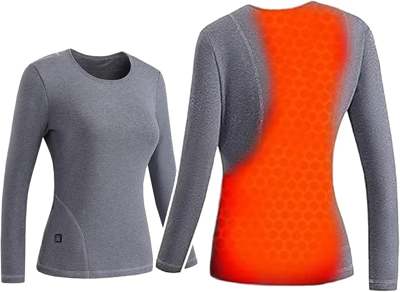 Beheizte Thermounterwäsche Für Damen Im Winter, Elektrisch Beheizbare Thermo-Langarm-T-Shirts Mit USB-Anschluss, 3 Temperaturstufen, Für Herbst Und Winter, XL, Grey — Heizkleidung