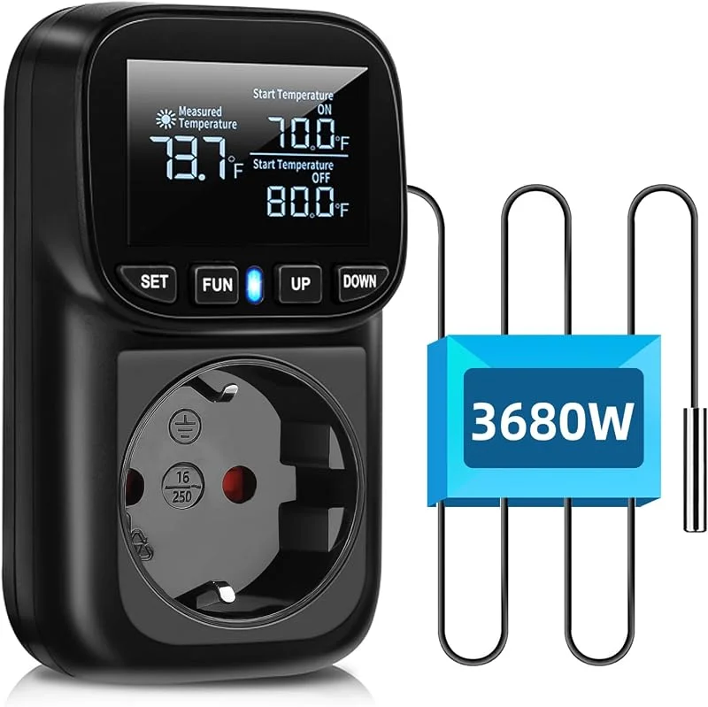 Digital Temperaturregler Steckdose, 230V Thermostatsteckdose mit 2m Fühler, Heizung Kühlen Temperaturschalter Thermostat Steckdose Temperaturschalter für Gewächshaus Aquarium Kühlschrank — Heizung Warmepumpe