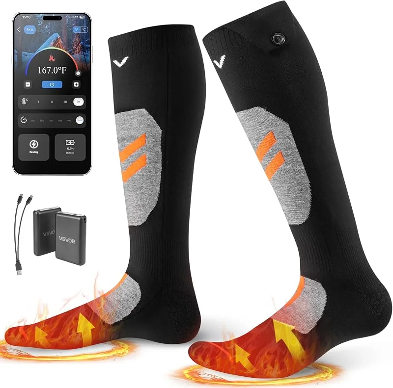 VEVOR Beheizte Socken, Größe XL, 5000 mAh Akku, wiederaufladbare Heizsocken mit 4 Heizstufen & APP-Steuerung, 40–70 ° Fußwärmer für Outdoor, Skifahren, Angeln, Camping, Unisex — Heizkleidung