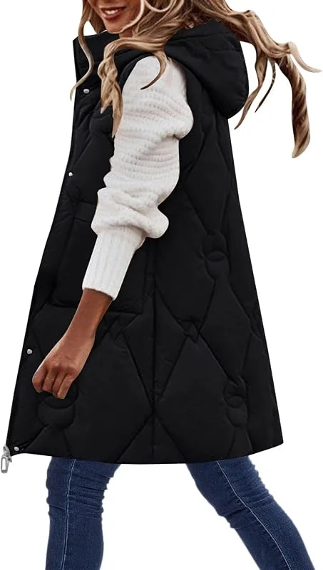 YUE Winterjacke Damen Lang Daunenweste Warm Winter Ärmellose Jacke Weste Leicht Gesteppt Steppweste Frauen Softshelljacke Slim Gilet Mit Kapuze — Heizkleidung