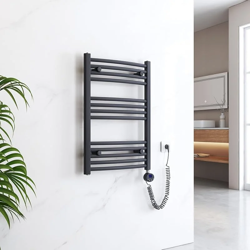EMKE Badheizkörper Elektrisch 750x500 mm - Gebogen Handtuchheizkörper Elektrisch, Elektrischer Handtuchwärmer Handtuchtrockner Handtuch Heizkörper Bad mit Thermostat und Heizstab - 300W, Anthrazit — Heizung Warmepumpe