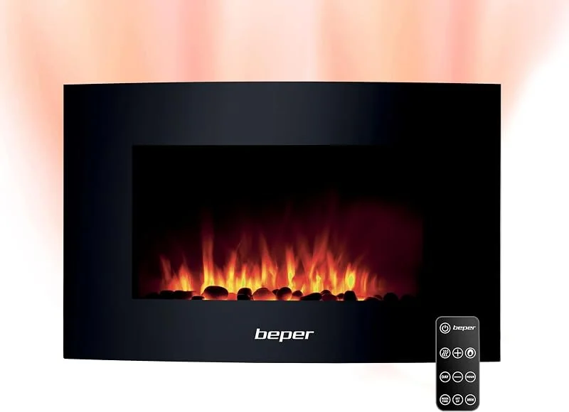 BEPER RI.503 Elektrischer Wandkamin, mit Fernbedienung, Flammeneffekt mit 5 Intensitätsstufen, Wochenzeitschaltuhr, kuschelig, Heizmodus mit Temperatureinstellung, Schwarz — Heizung Warmepumpe
