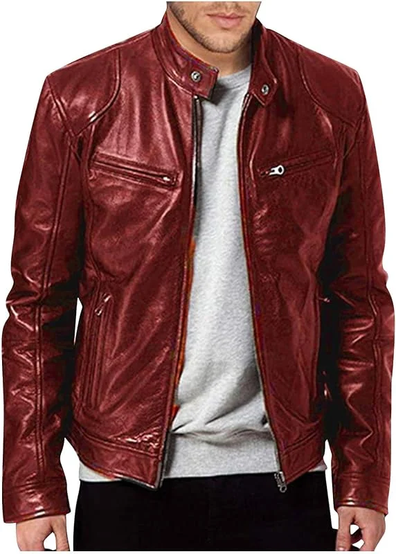 Lederjacke Herren Kunstlederjacke mit Stehkragen Vintage Jacke — Heizkleidung