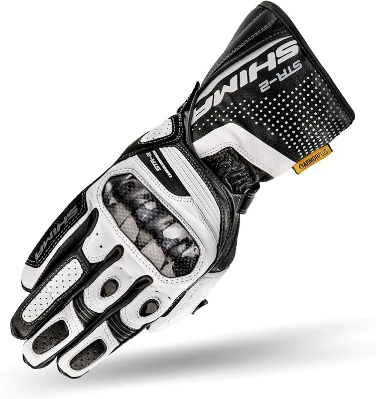 SHIMA STR-2 Motorradhandschuhe Herren - Touchscreen, Sommer, Sport Leder Handschuhe mit Carbon Knöchelprotektor, Handflächen- und Fingerschieber, Verstärkte Handfläche (Weiß, L) — Heizkleidung
