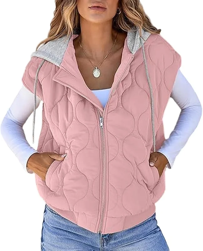 Generisch Steppweste Damen Leicht Mit Kapuze Weste Damen Ärmellos Kurz Westen Casual Warm Winter Herbstjacke Elegant Wasserdicht Übergangsjacke Patchwork Hoodie Damenweste Mit Reissverschluss — Heizkleidung