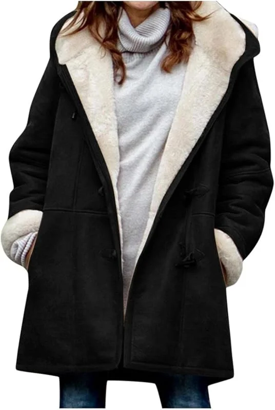 DeaAmyGline Wintermantel Damen Winter Jacke Mantel Sam Warm Teddyfleece Gefüttert Winterjacke mit Kapuze Hornschnalle Tasche Fleecejacke Parka Overcoat Große Größen S-5XL Damenjacken — Heizkleidung