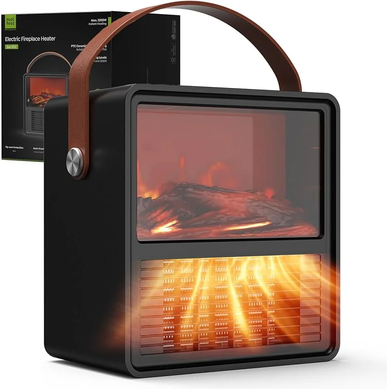 Minthouz Elektrischer Heizlüfter 1200W, 800W, Keramik Heizgerät mit 3D Flammeneffekt, Einstellbarem Thermostat, Energieeffizient, Überhitzungs- und Kippschutz für Schlafzimmer & Büro — Heizung Warmepumpe