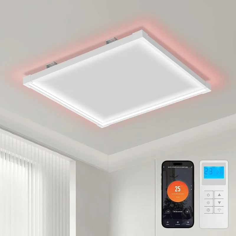 Daromigo Infrarotheizung Deckenmontage mit Thermostat 360W, Infrarot Deckenheizung, Überhitzungsschutz Energiesparend, Infrarotheizung Heizplatte Heizkörper Heizpaneel, mit Fernbedienung, LED Licht — Heizung Warmepumpe
