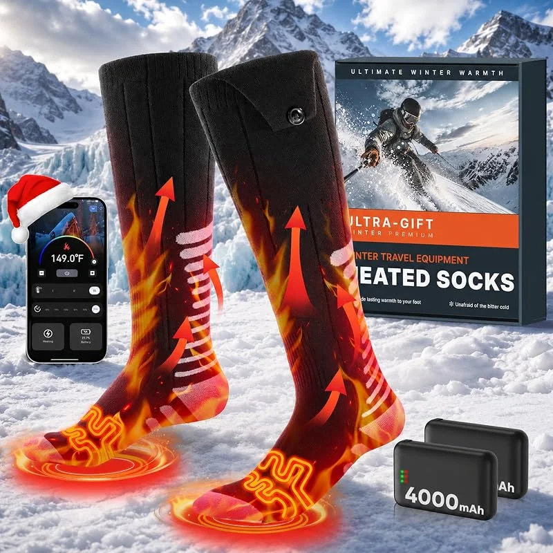 Beheizbare Socken mit App-Steuerung, 2×4000mAh Wiederaufladbare Heizsocken für Damen und Herren, 360° Heizung Beheizte Socken mit 3 Temperaturen, Waschbare Wärmesocken mit Akku für Ski, Jagen — Heizkleidung