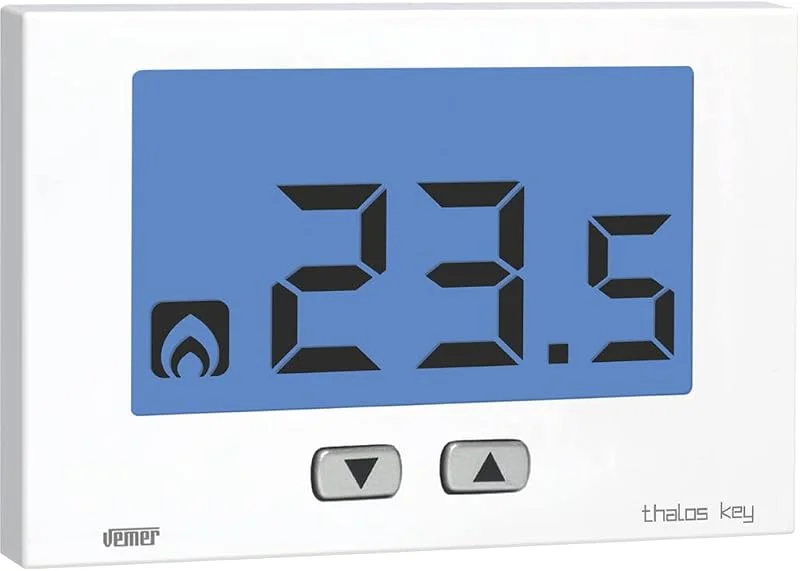 VEMER VE720900 THALOS Key - Digital Heizungsthermostat, Raumthermostat mit LCD-Anzeige, Tastatur mit 2 Tasten, Stromversorgung 230V, Weiß — Heizung Warmepumpe