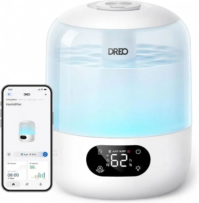 DREO Luftbefeuchter Schlafzimmer, Ultraschall-Kaltnebel mit WLAN, App-Steuerung, Feuchtigkeitssensor, RGB-Ambientelicht, 3-l-Wassertank, einfache Reinigung, bis zu 30 Std. Laufzeit