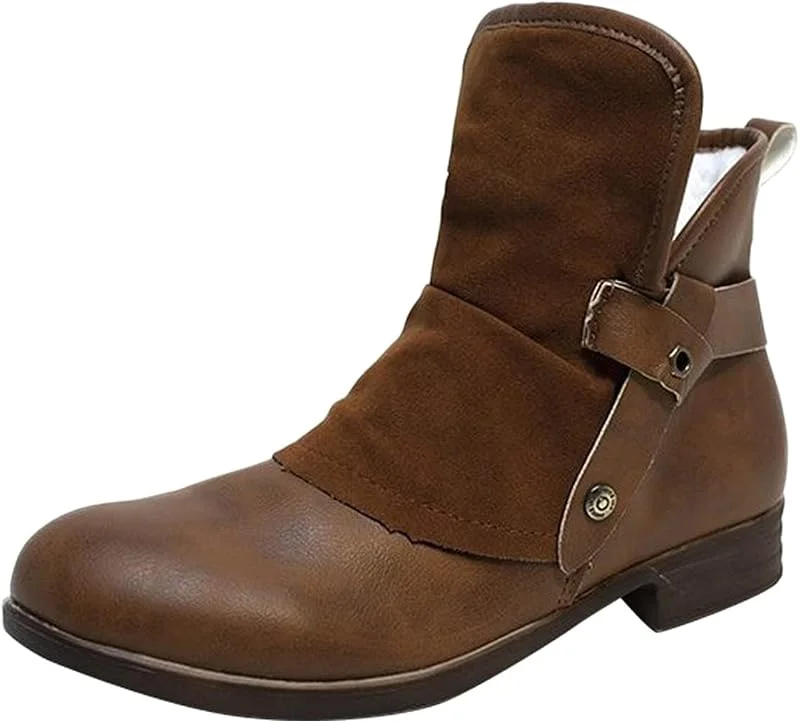 Patchwork-Stiefel, Leder, Damen, mit quadratischem Absatz, Schnalle, kurz, modisch, rund, bequem, Stiefel, braun, 37 EU — Heizkleidung