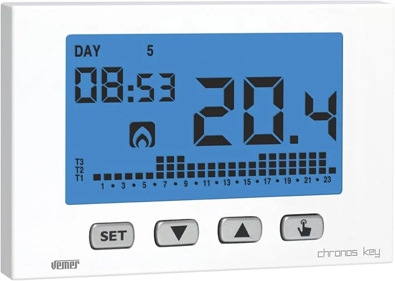 VEMER VE725800 CHRONOS KEY - Digital Heizungsthermostat, Raumthermostat mit LCD-Anzeige, Tastatur mit 4 Tasten, Wöchentliche Programmierung, Stromversorgung mit Batterien, Weiß — Heizung Warmepumpe