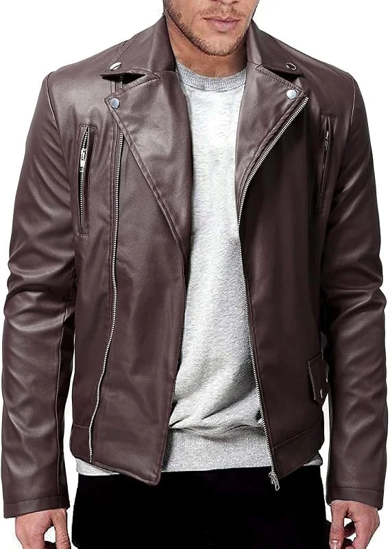 Lederjacke für Herren, dünn, leicht, modisch, Motorradjacke, Langarm, große Größe, Retro, Reißverschluss, bequem, Herbst und Winter — Heizkleidung