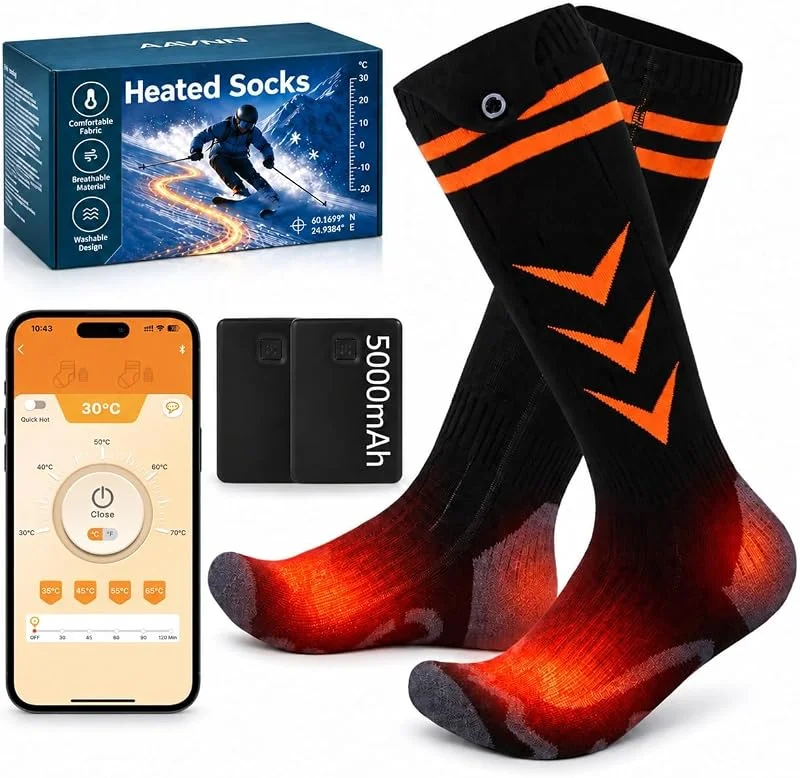 Beheizbare Socken für Herren Damen, AAVNN Beheizte Socken 5000 mAh Wiederaufladbare Batterien 4 Heizstufen mit APP-Steuerung Heizsocken für Skifahren, Wandern, Radfahren — Heizkleidung