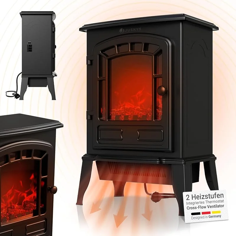 Juskys® Elektrokamin 2000 W — Schwarz, elektrischer Standkamin mit Flammeneffekt, 2 Heizstufen, Thermostat & Sicherheitsabschaltung für Wohnzimmer — Heizung Warmepumpe