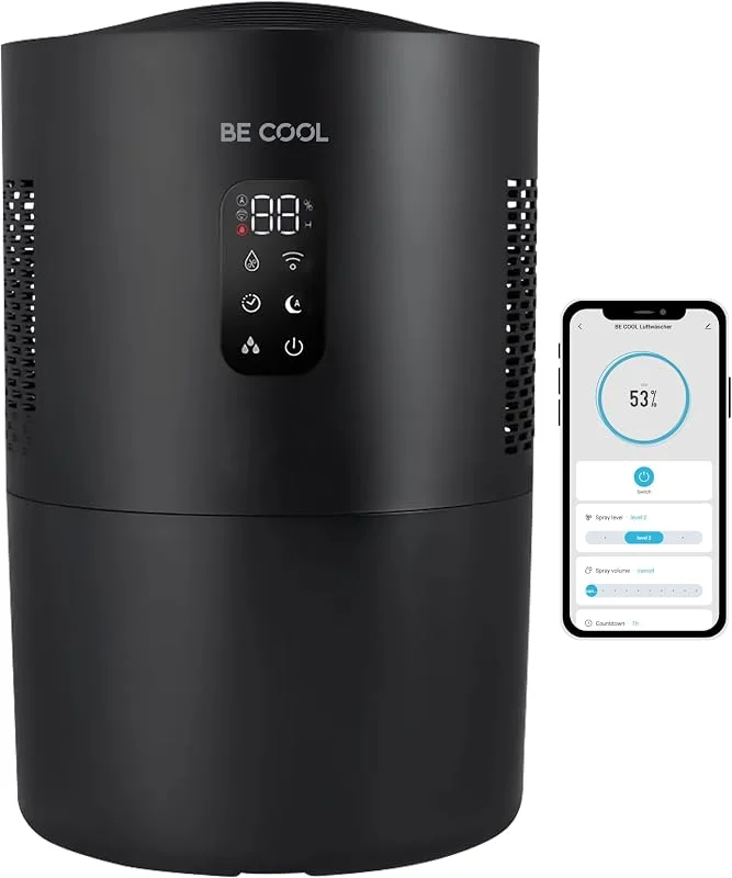 Be Cool 2in1 Luftwäscher mit UV-Sterilisationsfunktion, Verdunstungsfilter, 3 Luftfeuchtigkeitsstufen, Raumtemperatur- und Luftfeuchtigkeitsanzeige, Timer, Aroma- und Schlafmodus — Luftbefeuchter