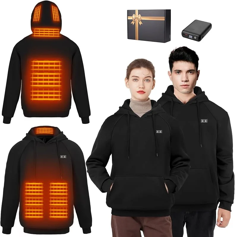 Beheizbarer Hoodie Herren Damen mit 16000 mAh Akku 6 Heizzonen 3-Temperaturstufen Beheizter Kapuzenpullover Elektrische Heizjacke für Camping Wandern Jagd, Sweatshirts — Heizkleidung