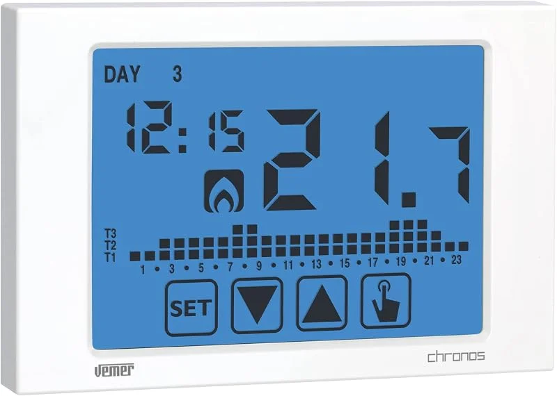 VEMER VE451100 Chronos - Digital Heizungsthermostat, Raumthermostat mit Touchscreen-LCD-Anzeige, Stromversorgung mit Batterien, Weiß — Heizung Warmepumpe
