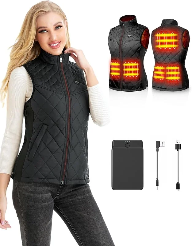 Beheizbare Weste, Beheizte Weste Damen Heizweste mit 12000mAh Powerbank, Beheizbare Jacke Heizjacke Wärmeweste mit 5 Heizzonen und 3 Einstellbaren Temperaturen für Outdoor Wandern Skifahren — Heizkleidung