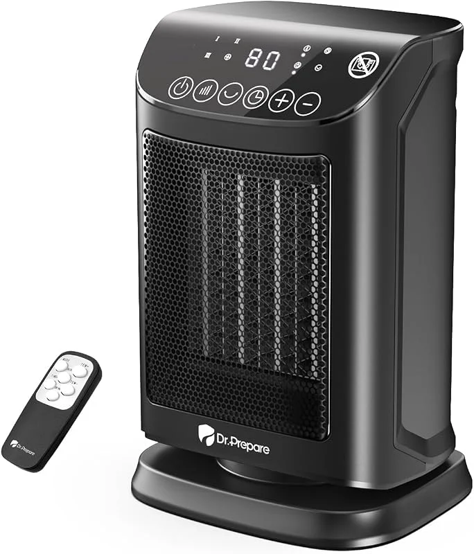DR.PREPARE Heizlüfter Energiesparend Klein, 1800W Heizlüfter Leise mit Thermostat 5 Modi (3 Heizmodi + Lüftermodus + ECO-Modus), 70° Oszillierend, 12H Timer, Überhitzungs & Kippschutz für Zuhause — Heizung Warmepumpe