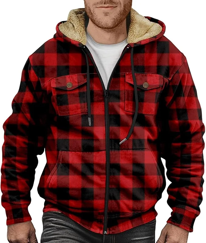 Sweatjacke Herren Kapuzenjacke mit Fleecefutter Winterjacke Herren Warm Zipper Hoodie Herren Mit Taschen Karierte Jacke Herren Gefüttert Beheizbare Jacke Sweatshirt Herren Wintermantel Herren — Heizkleidung