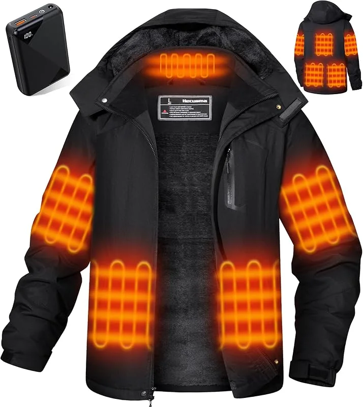Beheizbare Jacke Herren mit 18400mAh 12V Powerbank, Heizjacke Herren Warm Gefüttert, Herrens Beheizte Jacke mit Abnehmbarer Kapuze Winddicht Wasserdicht für Ski Freien Winter — Heizkleidung