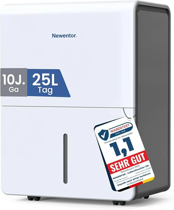 Newentor Luftentfeuchter elektrisch 25L pro, Entfeuchter elektrisch keller, Raumentfeuchter elektrisch, Dehumidifiers for home für 215m³, 80m², mit Timer, Filter und 1M Ablaufschlauch, 10 J. Gar. — Luftbefeuchter