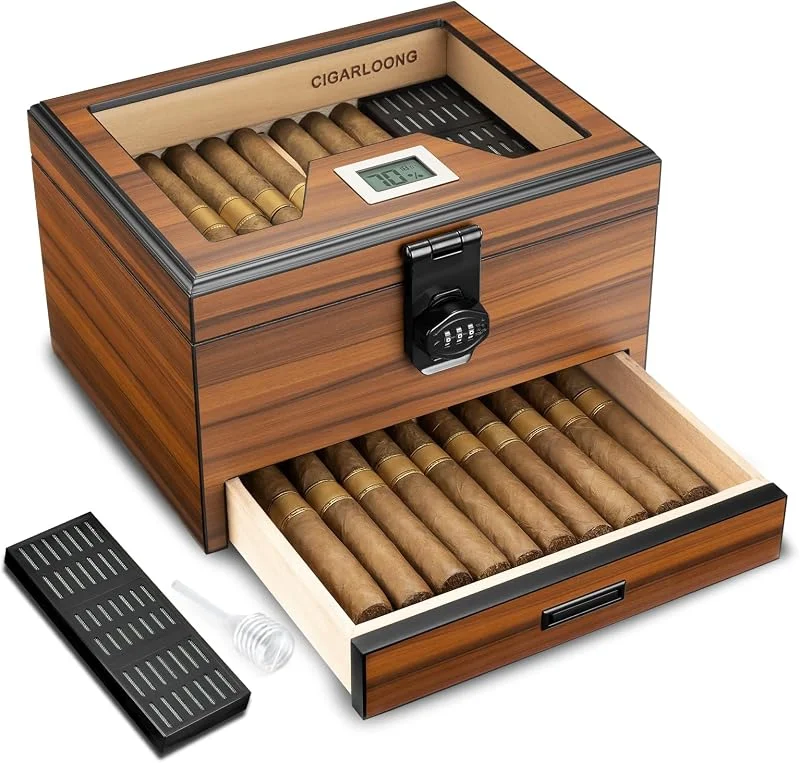 Zigarren Humidor, Zedernholz Humidor Zigarrenbox, Desktop Humidor mit Hygrometer, Luftbefeuchter, Regal, Trennwand, Zigarrenzubehör Schublade und Zahlenschloss, für 75 Zigarren, Zigarren Geschenke für