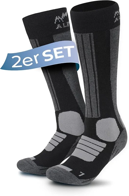 Alpenwert MERINO Skisocken [2 PAAR] für Herren, Damen und Kinder, 35-38, 39-42, 43-46, 47-50 warme Skistrümpfe, Wintersocken, Skifahren, Snowboarden - Farben: Grau, Schwarz, Türkis, Orange, Blau — Heizkleidung