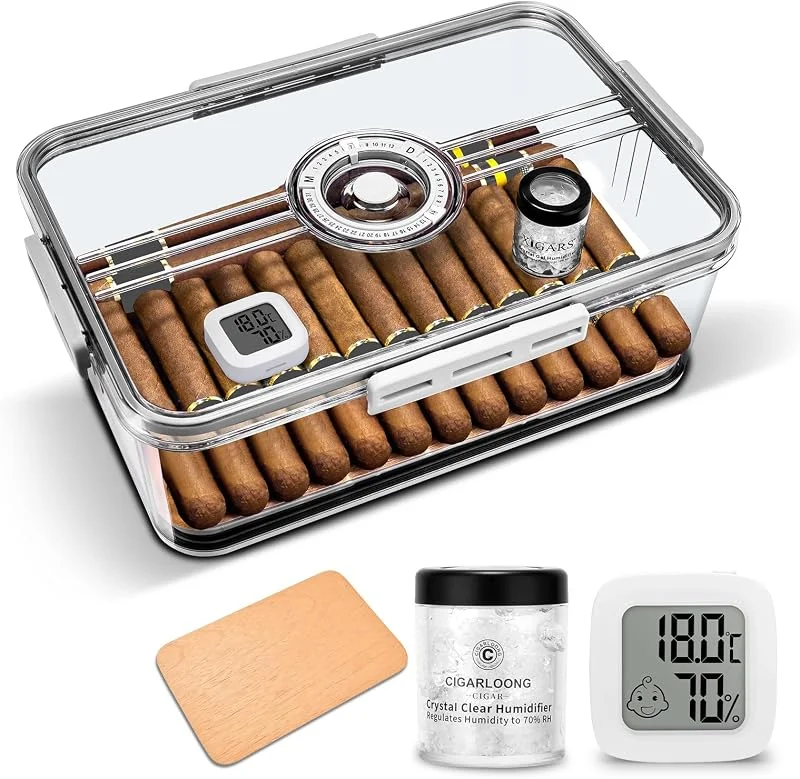 Humidor für 50 bis 60 Stück, integriertes Zedernholzregal mit hochpräzisem Hygrometer und Luftbefeuchter, transparente Acrylbox, Zigarren nicht im Lieferumfang enthalten (Mitte)
