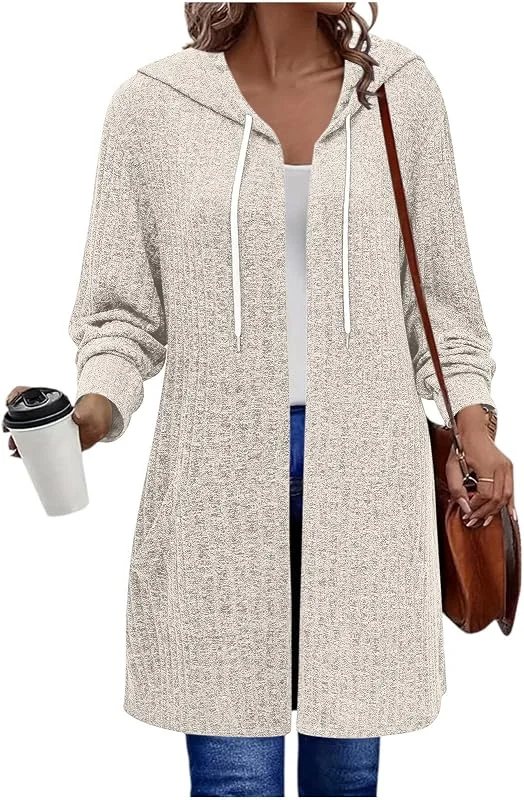 Kapuzenjacke Damen Winter Lang Strickjacke Offen Langarm Oversize Warm Kuschelig Weiche Oberbekleidung Locker Reißverschluss Lange Kapuze Jacke Damen mit Taschen für Date Abend Casual Ausgehen — Heizkleidung