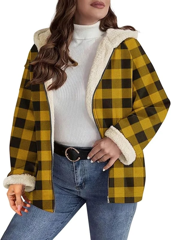 Ansenesna Winterjacke Damen Warm Gefüttert Jacke Winter Innen Mit Fell Wintermantel Mit Kapuze Kariert Mantel Frauen Teddyfleece Dicke Damen-Jacken Teddyfell Teddy Fleece Thermo Damenjacken — Heizkleidung