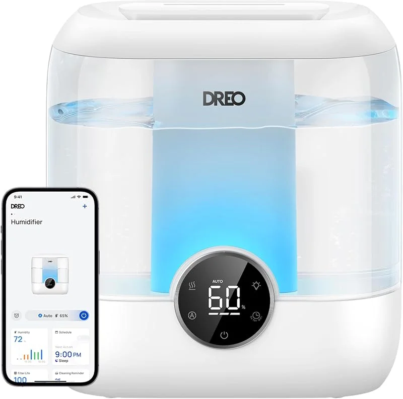 DREO Smart Luftbefeuchter für Schlafzimmer, 6L Top-Fill Humidifier mit kühlem Nebel für große Räume, bis zu 60 Std. Laufzeit, leiser Ultraschallbetrieb, für Pflanzen & Zuhause, Nachtlicht, Weiß
