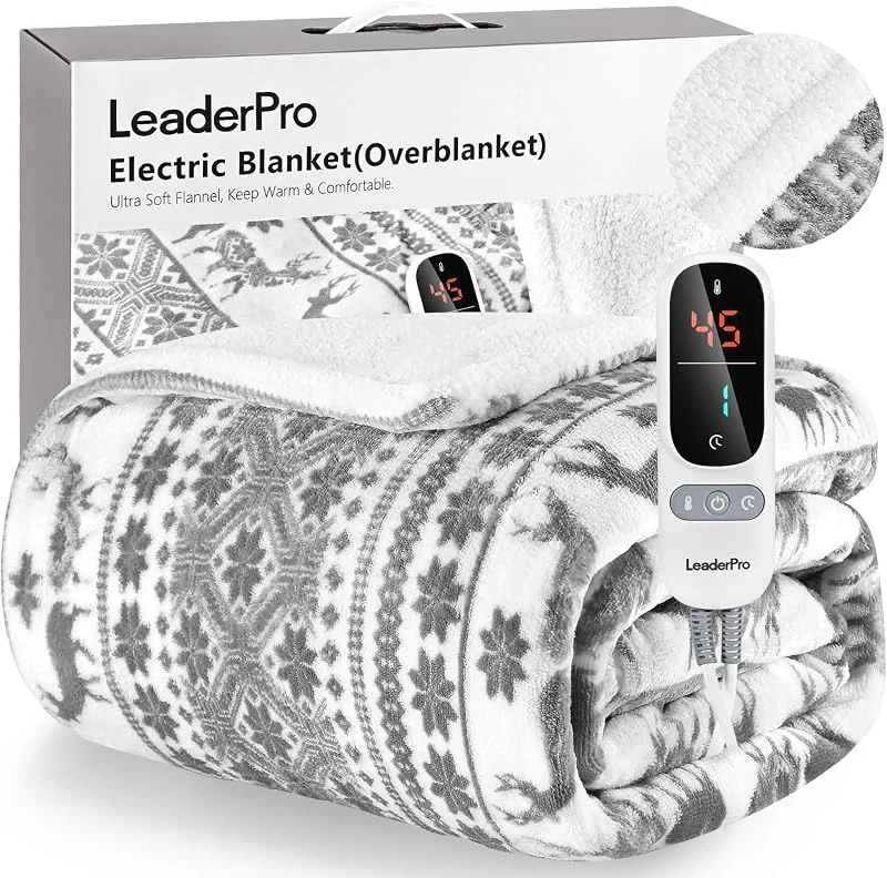 LeaderPro Heizdecke mit Abschaltautomatik, 180x160cm Flanell Heizdecke 6 Heizstufenund 1-9 Stunden Timer, mit Überhitzungsschutz, Kuscheldecke für Bett&Büro Waschbar, Grau — Heizung Warmepumpe