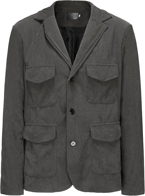 Herren Multi-Pocket Casual Cord Jacke Button Down Kerbe Kragen Blazer Mäntel Trendige einfarbige Trucker-Jacke — Heizkleidung