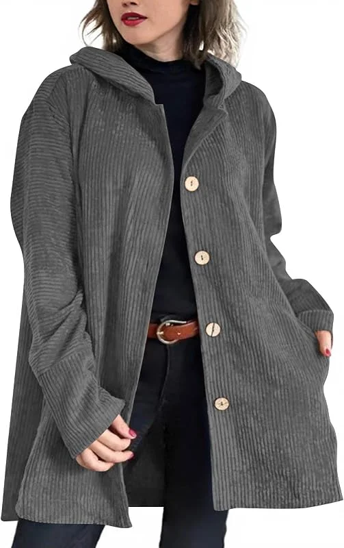 FUPODD Mantel Damen Lang Cordjacke Damen Frühling Übergangsjacke Mit Kapuze Knöpfen Cord Jacke Winter Cordmantel Mit Taschen Winterjacke Casual Jacken Mittellang Herbstjacke Frauen Elegant Mäntel — Heizkleidung