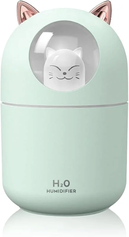 Luftbefeuchter 300 ml Luftbefeuchter, süße Katze, Aroma-Diffusor mit buntem Nachtlicht, USB-Stummschaltung, Luftreiniger, kühler Nebelhersteller, Heimlufterfrischer Raumluftbefeuchter (Color : Green