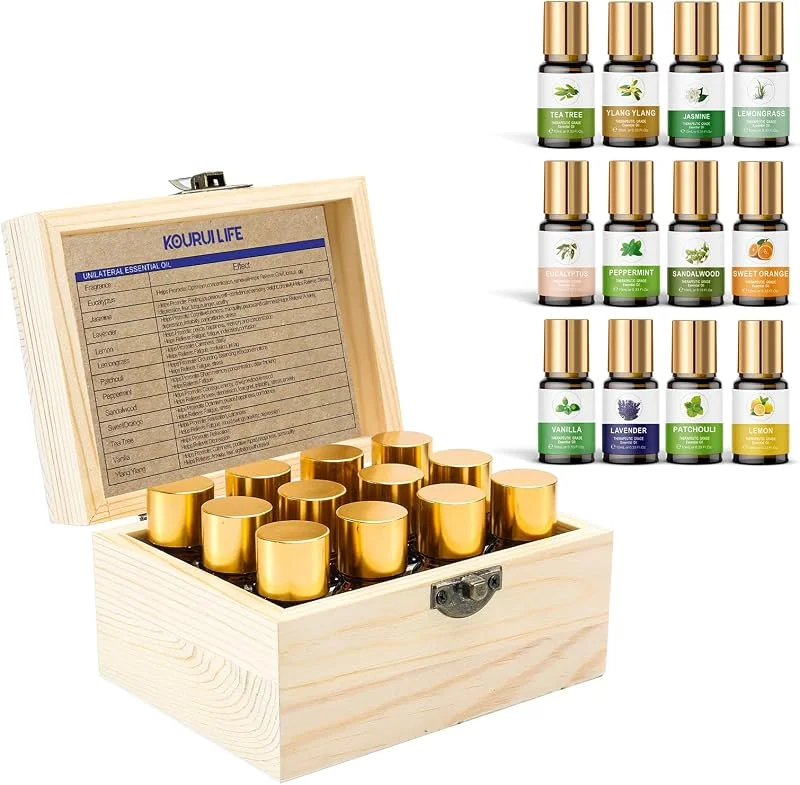 Ätherische Öle Set für Diffuser, 12 x 10 ml Holzkasten Geschenkbox Duftöle Set, 100% Ätherische Öle Naturrein Vanille, Aromatherapie Öle, Jasmin Öle, Luftbefeuchter, Geschenkset